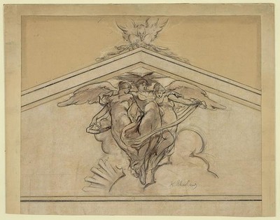 Photo:[Study drawing of a mural showing three winged women]