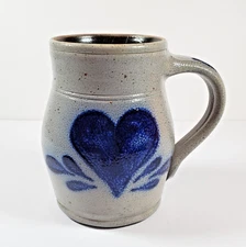 VTG Rowe Pottery Works Coffee Mug Stoneware Gray & Cobalt Blue Heart Speckled