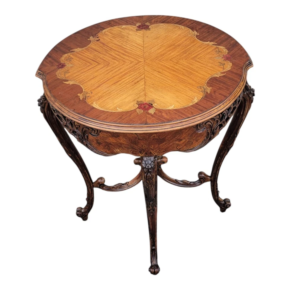 1940s Italian Walnut & Satinwood Inlay Carved Side Sofa Occasional Table - Image 4 of 4