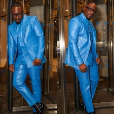 Blue Leather Men's Suits 2 Piece Fashion Party Prom Outwear Men Jacket Coat
