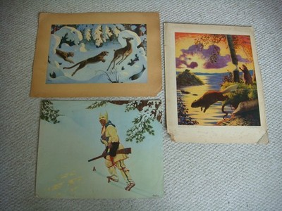 3 Vintage Arthur Heming Drucke Wapiti Jäger/In kanadischer Wildnis/Biber bei der Arbeit