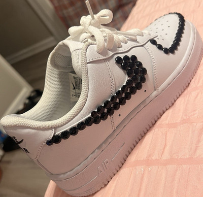 Nike Air Force 1 Low Top Lace-Up Sneakers White/Black Custom Beaded Swoosh