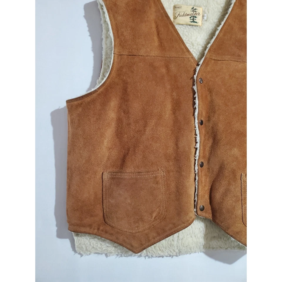 Vtg Sears Fieldmaster Suede Sherpa Fleece Lined Snap Vest Mens L Brown Pockets - Image 3 of 4