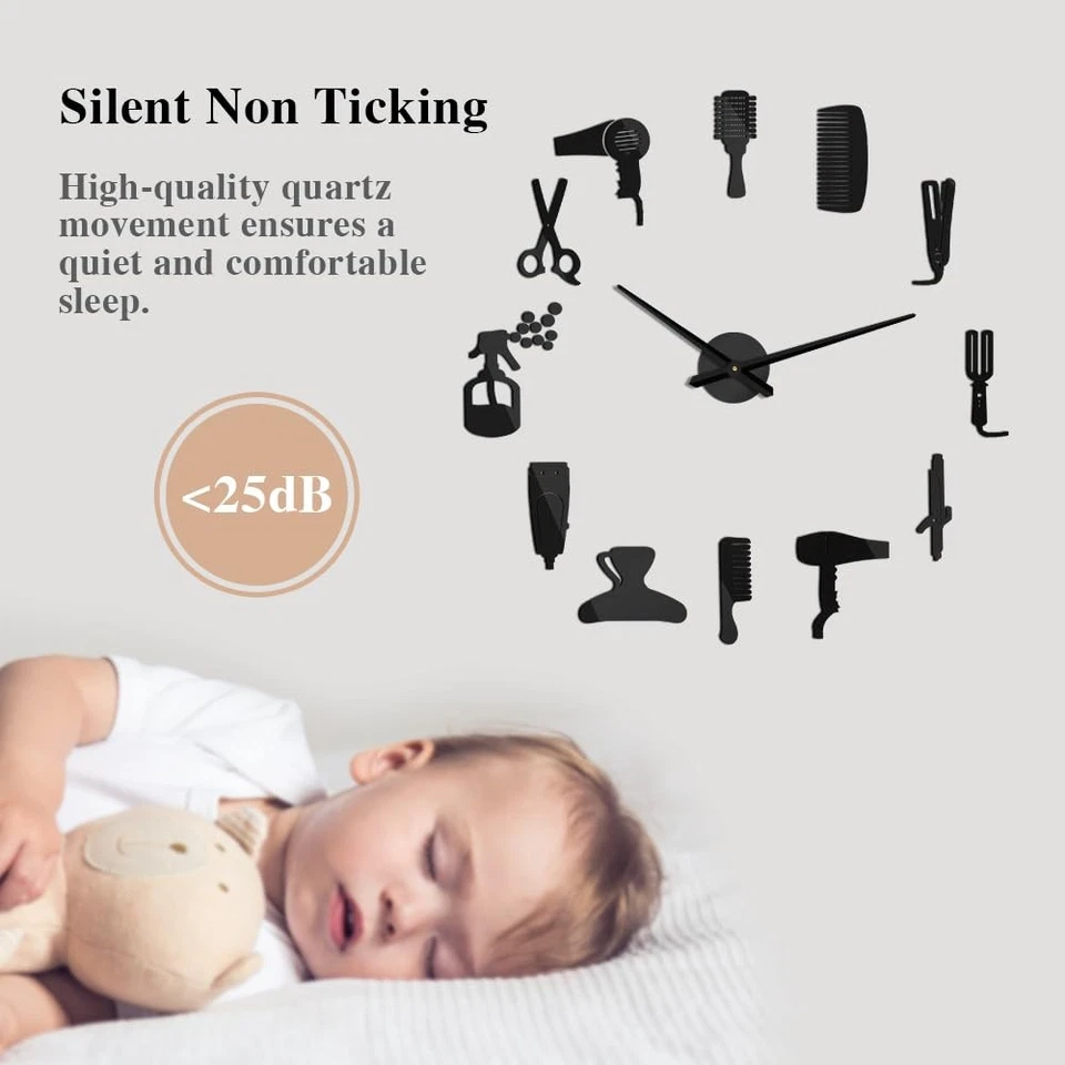 无框DIY理发店巨型挂钟带3D镜面效果,理发师装备... — 第 2/4 张图片