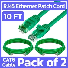 2 Pack 10 FT Cat6 Patch Cord Green RJ45 LAN Ethernet Cable Network Internet Cord