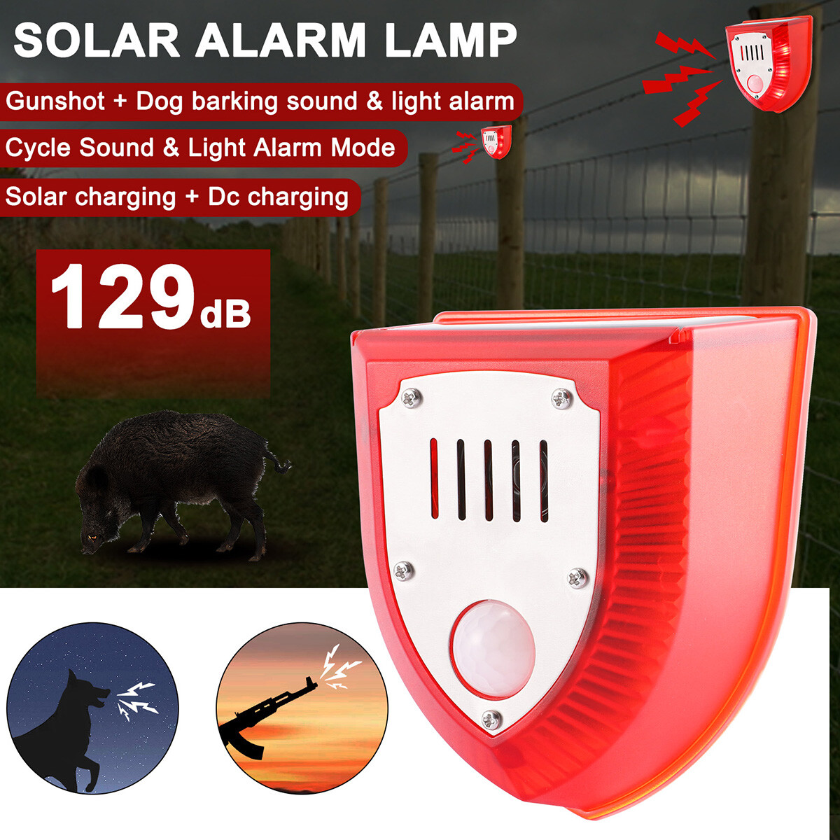 Watch Solar Motion Sensor 129dB Siren Sound Strobe Light Alarm On