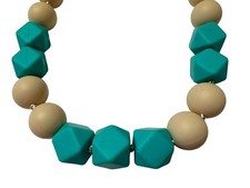 Silicone Chewable Teether Necklace for Moms  Babies, Turquoise/Tan, 27.5" Long