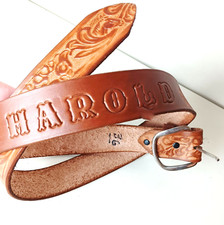 Vintage Tooled Horses Filagree Name Brown Leather Belt Size 36 Western Retro