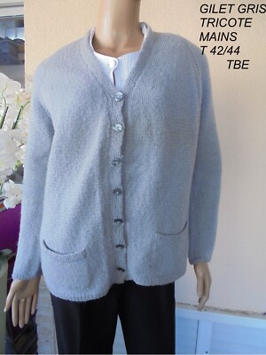 Pull Tricoté Main Bleu Ciel, Rose Et Blanc - Taille 40/42 - Style Vintage - Fabriqué En France