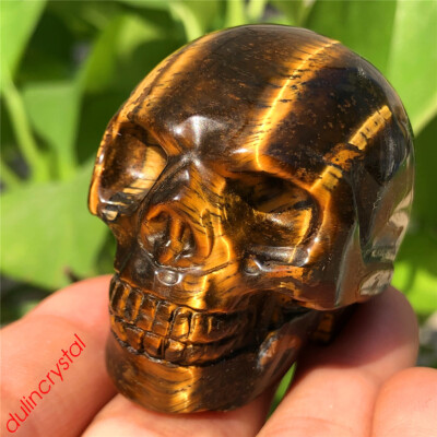 2'' Natural Tiger eye skull quartz crystal carved skull gem reiki healing
