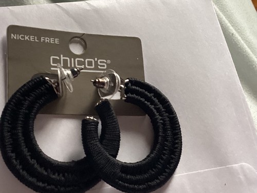 Chico's Chunky Black wrapped Hoop Pierced Earrings 1 1/2" NWT - Picture 2 of 4