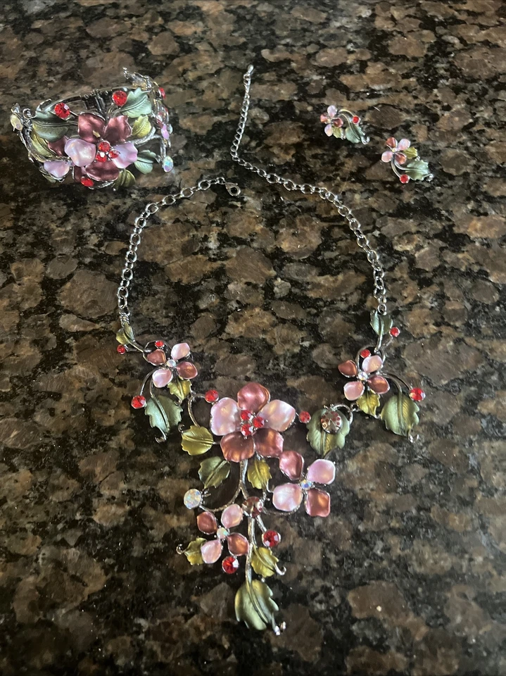 Розовый + зеленый матовая эмаль со стразами цветочный ожерелье браслет серьги Parure - Изображение 3 из 4
