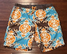 Tommy Hilfiger Brown Orange Mens Medium Floral Lined Board Shorts Swim Trunks