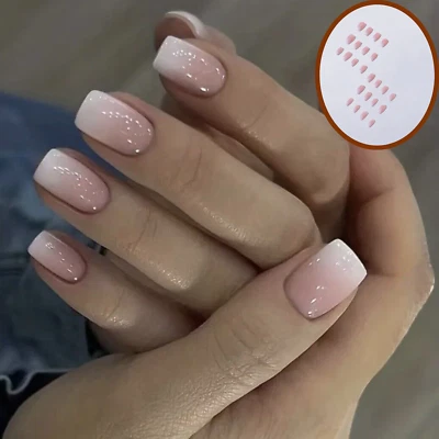 24x Short Square False Nails French Manicure Fake Tips Press On Full Cover Nails