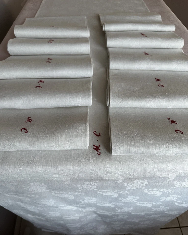 Service De Table 1920 Lin Damassé Perdrix chasse Monogramme Nappe 12 Serviettes - Photo 2/4