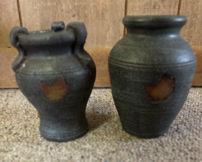 Handcrafted Maple Leaf Blue Vase Pottery Set. Textured Glaze Both 6 . 