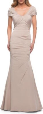 New LA FEMME Pleated Jersey Trumpet Gown In Nude Size 10 $515