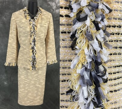 BEAUTIFUL St John collection knit black white yellow jacket skirt suit size 8