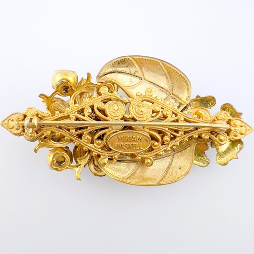 Vintage Signed Miriam Haskell Brooch. Gold-Tone Leaves, Flowers and Rhinestones - Picture 5 of 8