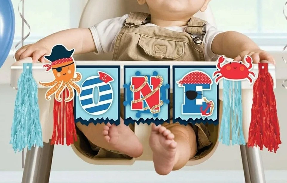 JUEGO DE 2 PIEZAS KIT DE DECORACIÓN DE TRONA Y SOMBRERO 1er cumpleaños pirata Ahoy cangrejo pulpo Foto 3 de 4