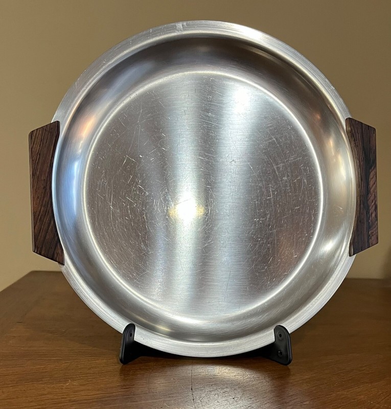Midcentury Modern stainless steel cocktail tray w/ wood handles Made in Denmark