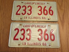 Vintage 1966 License Plate IL Land of Lincoln 233 366 Set of 2