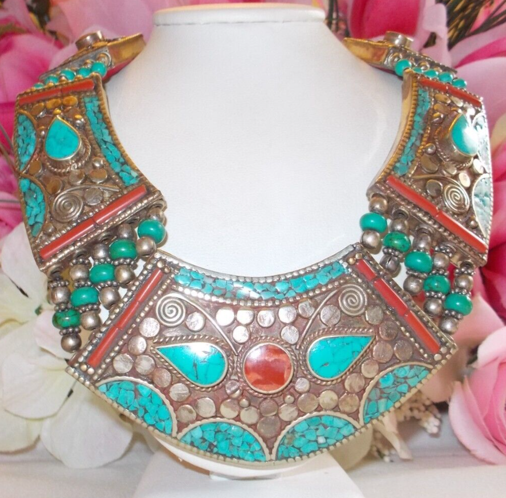 Vintage Tibetan Turquoise And Coral Gemstone Handmade 925 SS