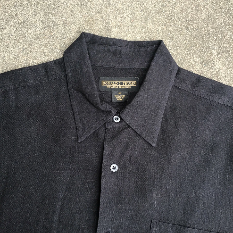 Donald J Trump Signature Button Short Sleeve Shirt 100% Linen Medium Black - Image 2 of 4
