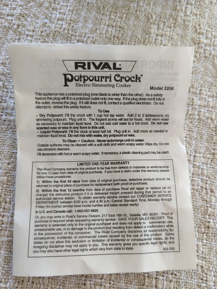 RIVAL 3206 Potpourri Crock Electric Simmering Cooker Pot Rare Floral