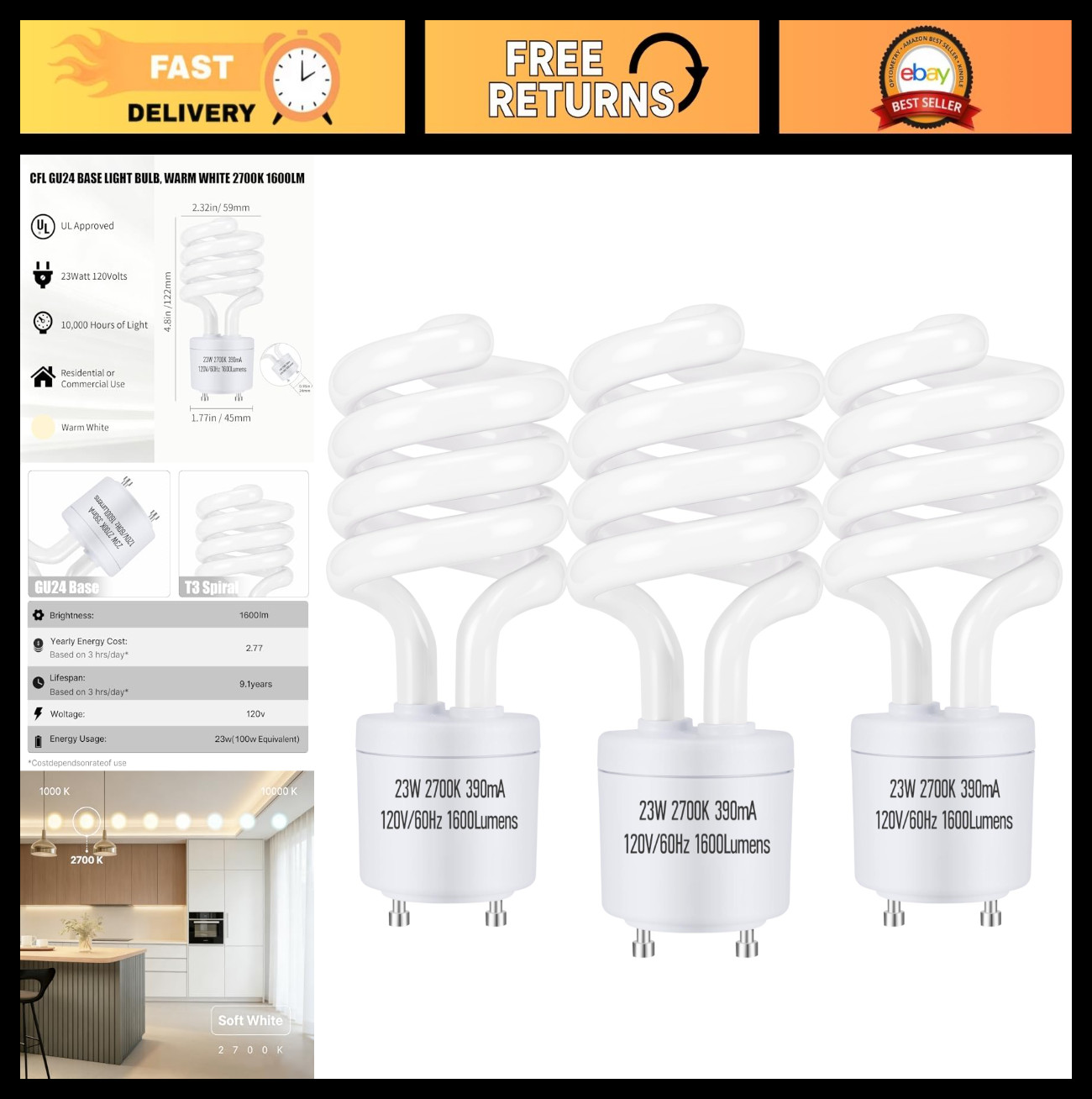 2700k Soft White 1600lm T3 Spiral - 3 Pack