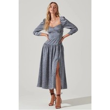 ASTR The Label Puff Sleeve Sweethart Neck Floral Satin Blue/Tan Midi Dress