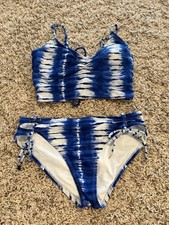 SO Bikini Tankini Set Royal Blue  White Tie Dye Large Bottoms Medium Top Modest