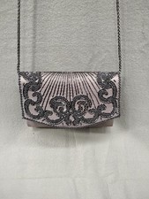 VINTAGE LA REGALE LTD BEADED CLUTCH PURSE SILVER/GUN METAL GRAY 7"x4.5"x1.5"
