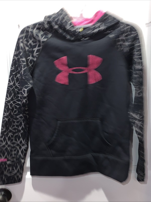Girls Youth Large Under Armour Black and Pink Hooded Pullover Sweatshirt EUC