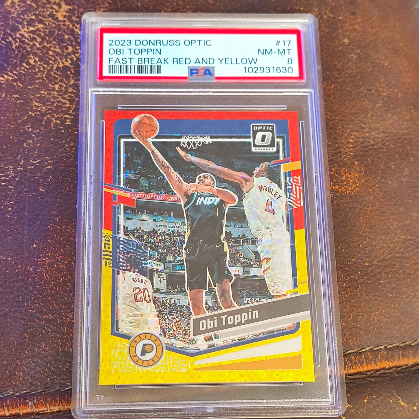 Panini Donruss Optic Obi Toppin #17 Fast Break Red & Yellow Prizm /7 PSA 8