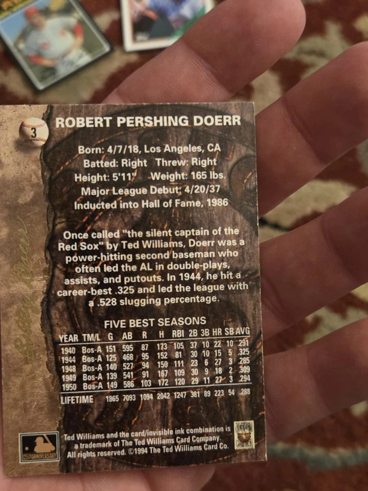 Tarjeta autografiada 1994 Ted Williams Card Company Robert Doerr Boston Red Sox Salón de la fama Foto 3 de 4