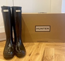 HUNTER Black Gloss Tall Wellies Ladies Wellington Boots UK 7 New In Box 