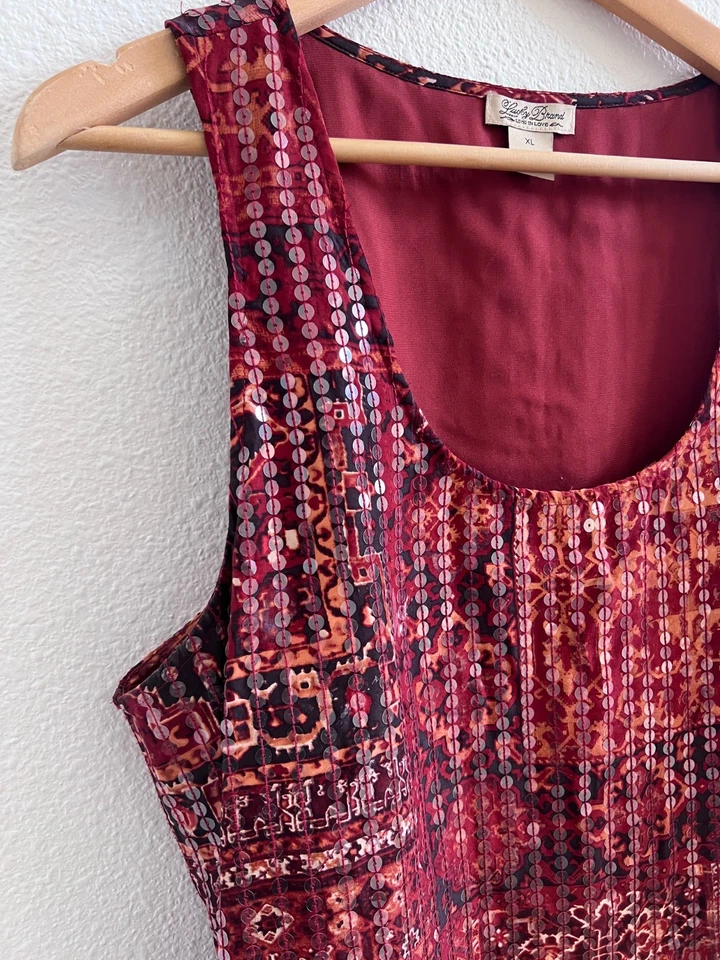Blusa sin mangas túnica boho de seda roja Lucky Brand XL tono tierra forrada Foto 2 de 4