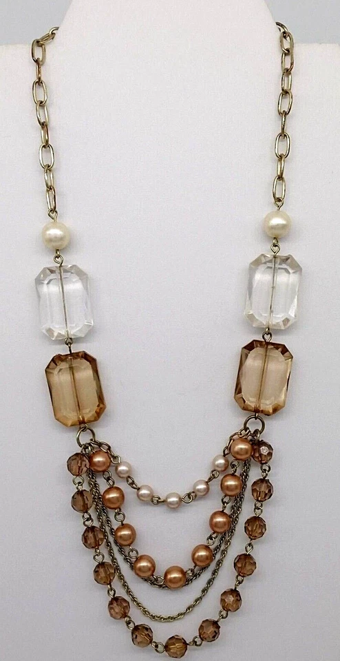 Cálido collar de cadena con cuentas de acrílico tono topacio perlas de imitación tono dorado firmado NY Foto 2 de 4