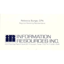 Rebecca Bunge CPA Information Resources Inc Houston Vtg Business Card SE3-B16