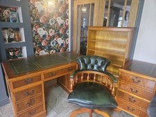 Captain's Pedestal Desk with matching chair, drawers & bookcase. Polished Yew.