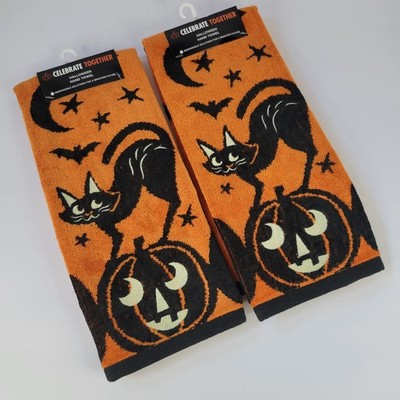 Set 2 Retro Vtg Style Black Cat Pumpkins Hand Towels Halloween Stars Orange Bath