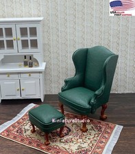 1/12 Dollhouse Miniature Furniture 2pcs Green Leather Single Sofa&Ottoman Set