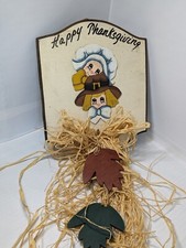 Happy Thanksgiving Pilgrim Head  Leaf Wall Decor Hanging Handpainted