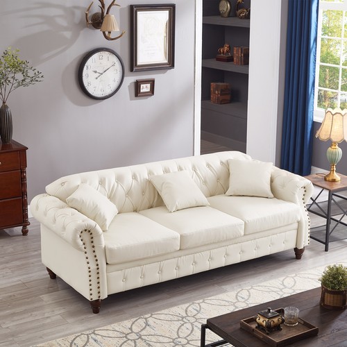 85.8" Chesterfield Sofa Faux Leather Upholstered 3Seater Rolled Arm Tufted White - Picture 3 of 12