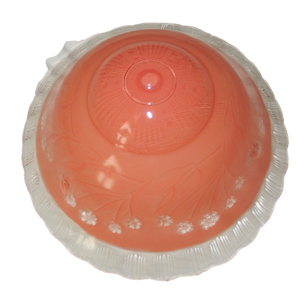 Vintage Hanging Light Fixture Floral Art Deco Pink Ornate Glass 3 Hole