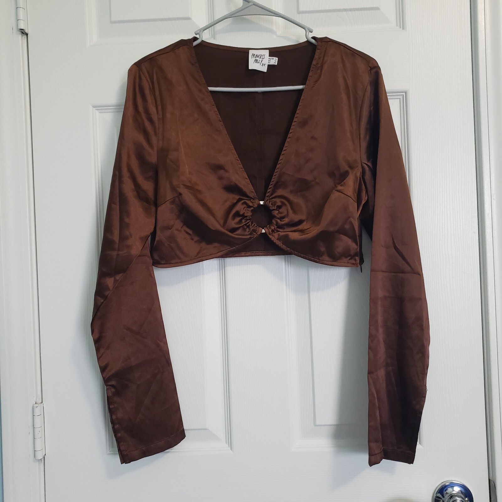 Princess Polly Brown Satin Cropped Top Size L Rhinestone L/S Boho Whimsigoth