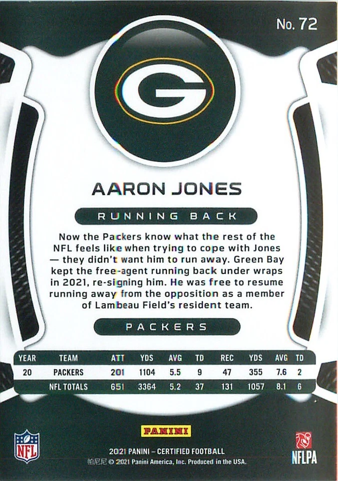 Aaron Jones 2021 Certified Football Gold Foil Base Card #72 Green Bay Packers - Image 2 of 2