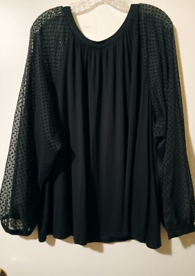 Zac & Rachel 3X Blouse Black Swiss Dot Burn Out L/S Sleeves Beautiful NWT