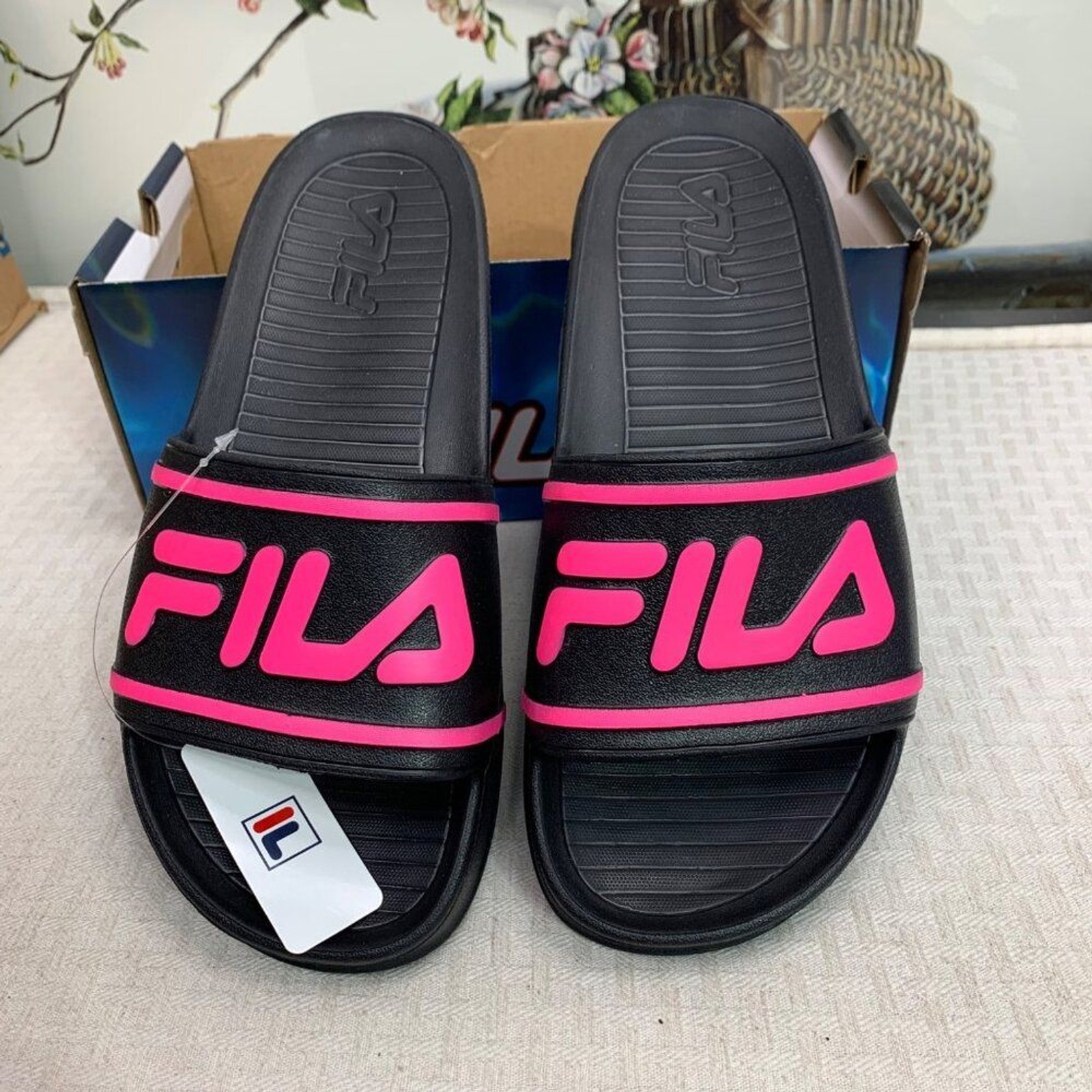 Sandali donna Fila eleganti Slide ST taglia 10 neri con logo rosa
